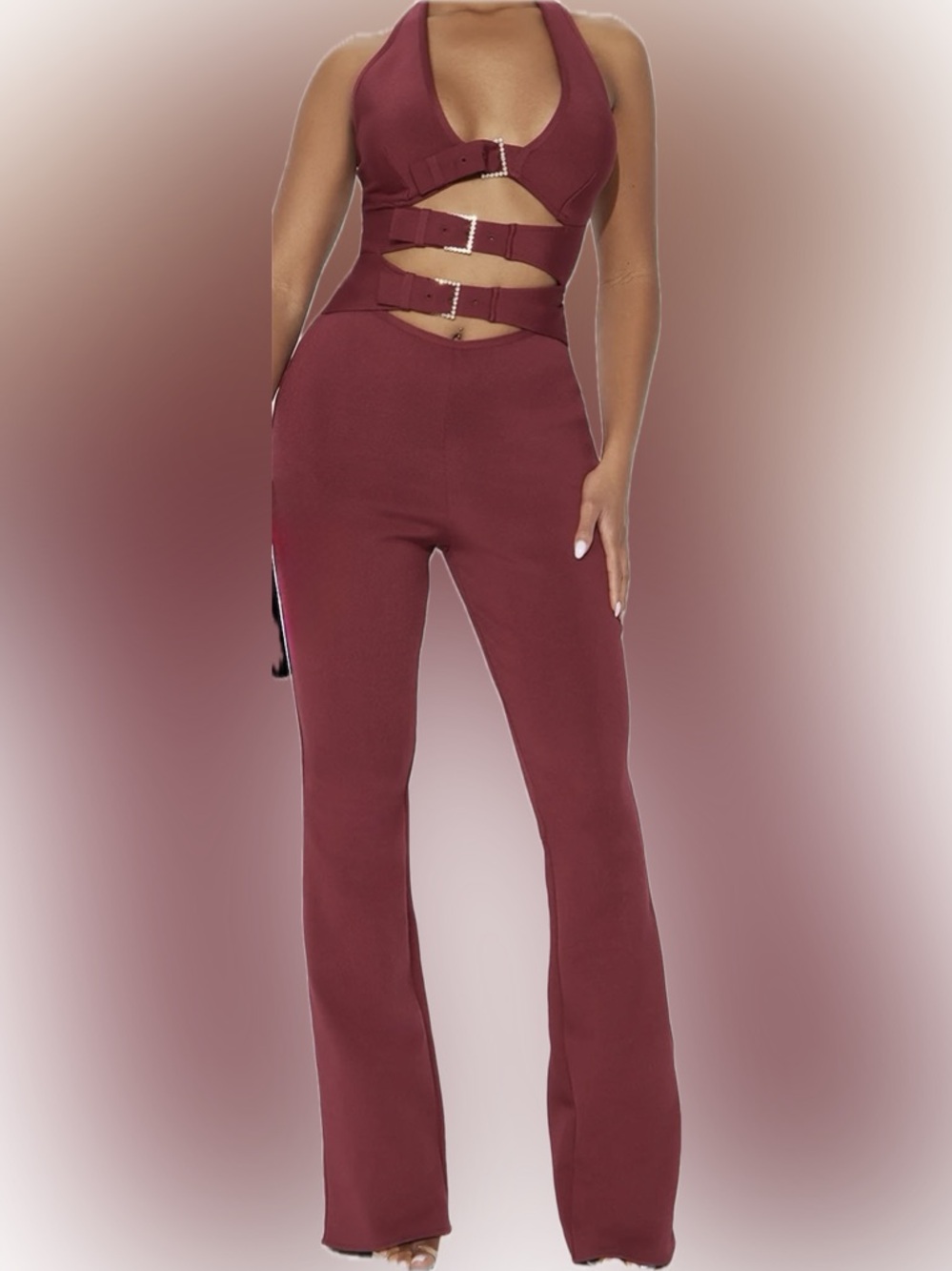 Burgundy Flare Cutout Jumpsuit with Buckle Details